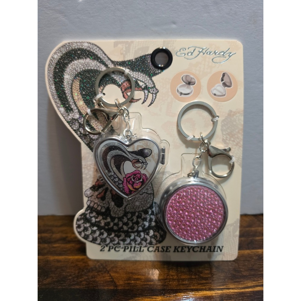 Ed Hardy 2 PC Pill Case Keychain Set Cobra Rose Pink Rhinestone Heart Round NEW